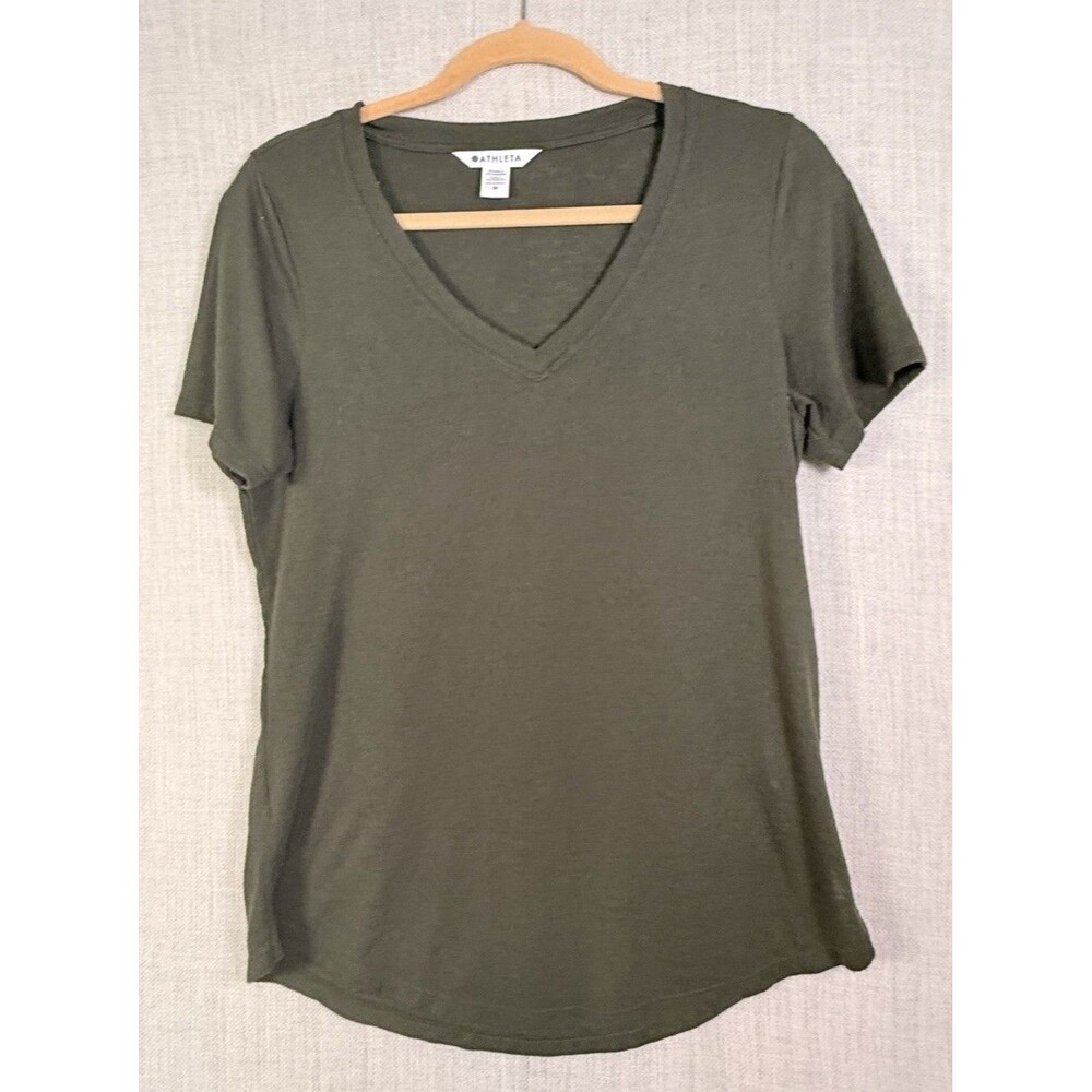 Athleta Shirt Small Green V Neck Short Sleeve Womens Size Medium Modal Tee Top